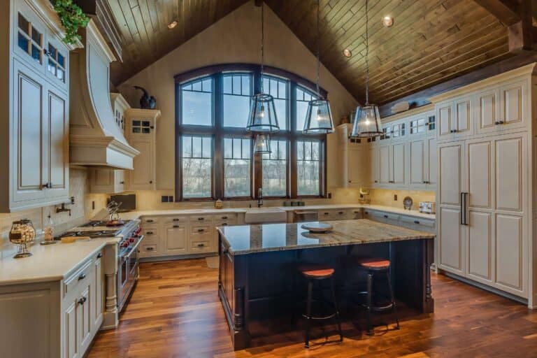 View of counter, custom kitchen cabinets and windows in South Bend