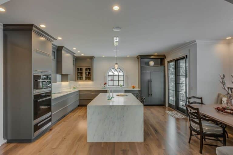 Custom Kitchen cabinets with view of island and seating area in Granger Indiana