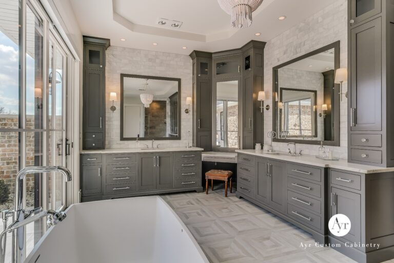 Bathroom with custom gray cabinets and silver fixtures